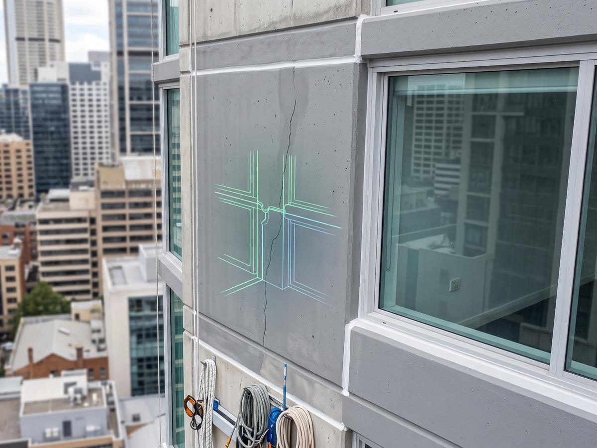 Cracked concrete façade panel on a high-rise beside a window, with rope-access gear hanging below