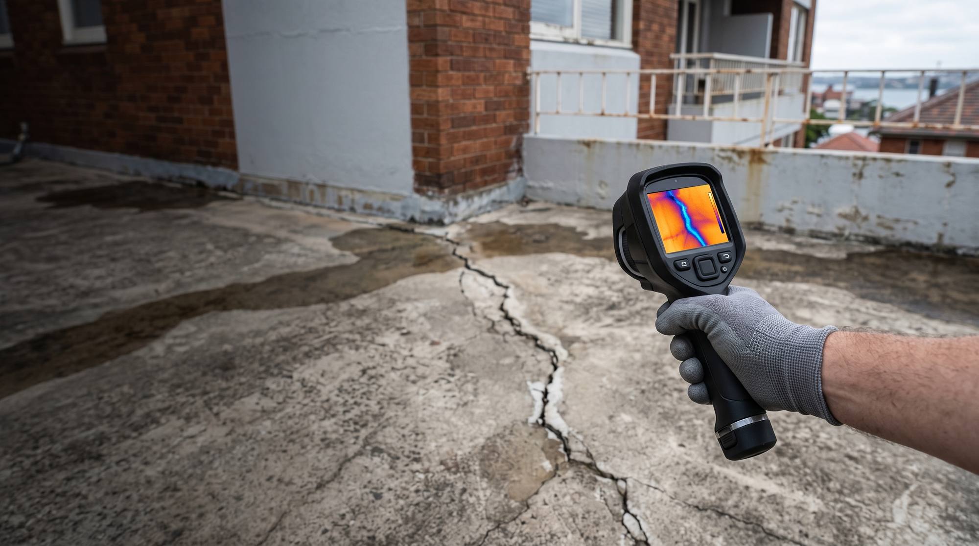 Gloved hand holding a thermal camera over a cracked, water-stained concrete rooftop, with the crack showing on the camera screen