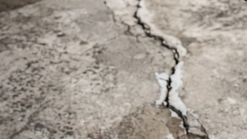 Close-up of a crack in a concrete terrace slab with white efflorescence along its edges
