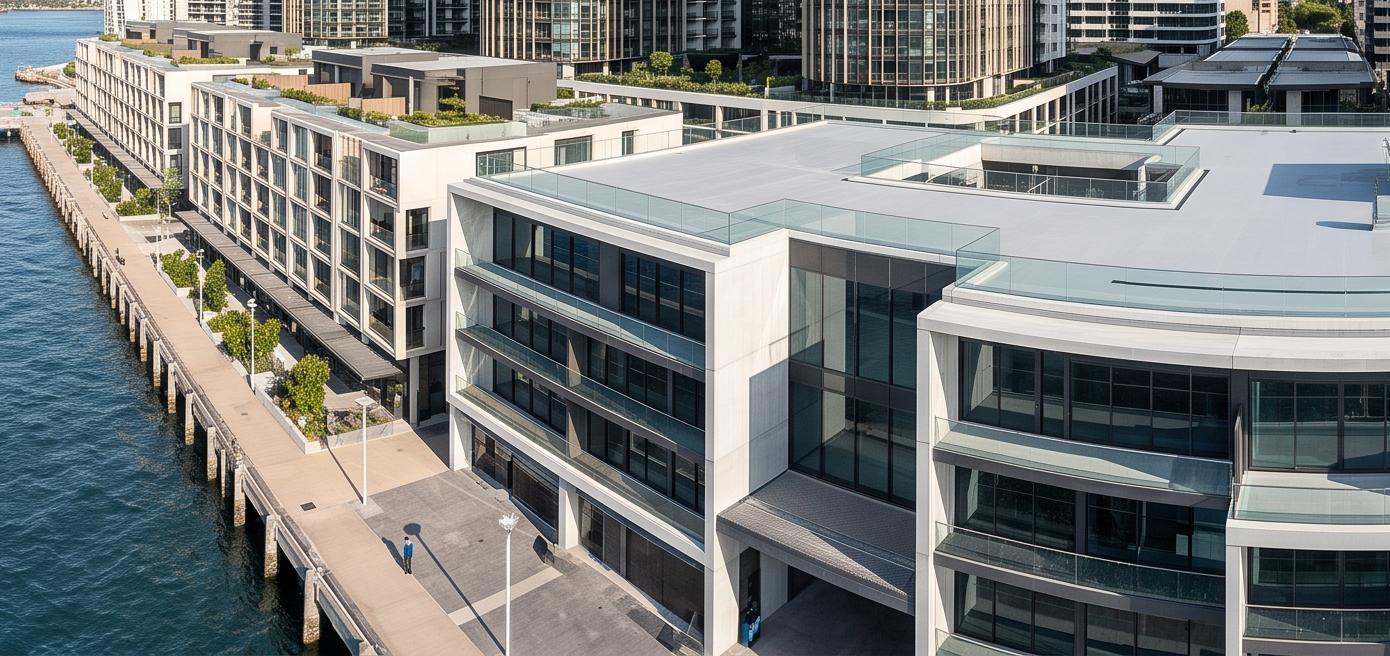 Mid-rise harbourside apartment building with a large flat podium roof
